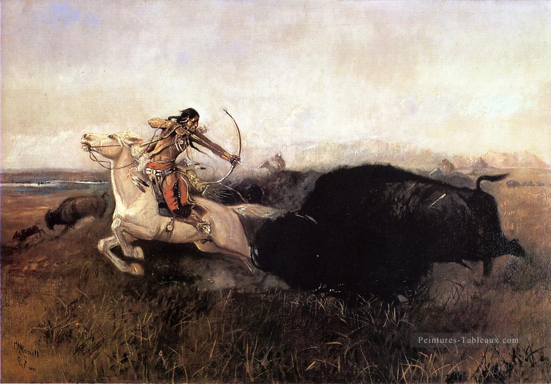 Indiens chassant Buffalo Art occidental Amérindien Charles Marion Russell Peintures à l'huile